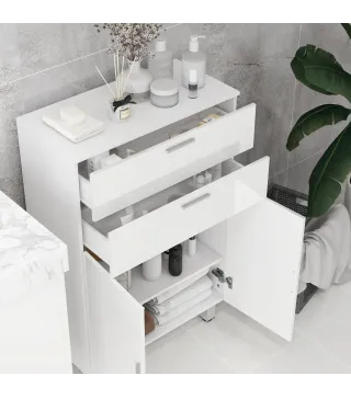 Mueble Auxiliar Baño Moderno con 2 Cajones Armario y Estantes Ajustables Antivuelco Carga 35 kg 60x30x93 cm Blanco