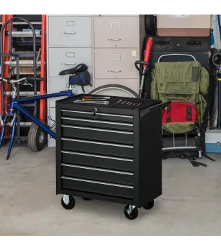 Carro de Herramientas con 7 Cajones Cerradura Asa 2 Ruedas con Freno de Bloqueo para Garaje Hogar Negro