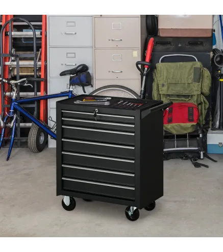 Carro de Herramientas con 7 Cajones Cerradura Asa 2 Ruedas con Freno de Bloqueo para Garaje Hogar Negro