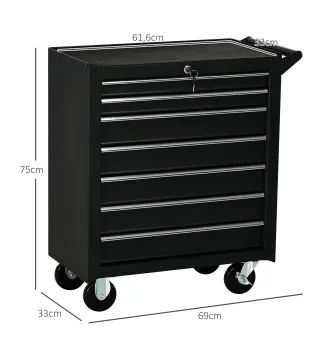 Carro de Herramientas con 7 Cajones Cerradura Asa 2 Ruedas con Freno de Bloqueo para Garaje Hogar Negro