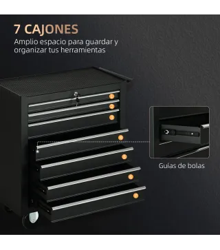 Carro de Herramientas con 7 Cajones Cerradura Asa 2 Ruedas con Freno de Bloqueo para Garaje Hogar Negro