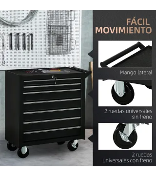 Carro de Herramientas con 7 Cajones Cerradura Asa 2 Ruedas con Freno de Bloqueo para Garaje Hogar Negro