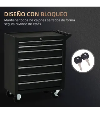 Carro de Herramientas con 7 Cajones Cerradura Asa 2 Ruedas con Freno de Bloqueo para Garaje Hogar Negro