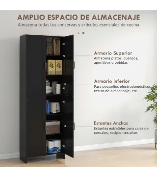 Alacena de Cocina Armario de Almacenaje Multifuncional con 4 Puertas y Estantes Ajustables 60x30x170,5 cm Negro