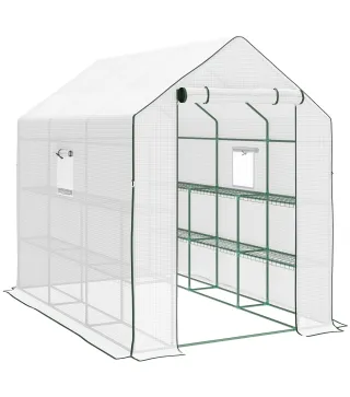 Invernadero de Exterior con 12 Estantes Puerta Enrollable Cubierta de PE y Marco de Acero 140x213x190 cm Blanco