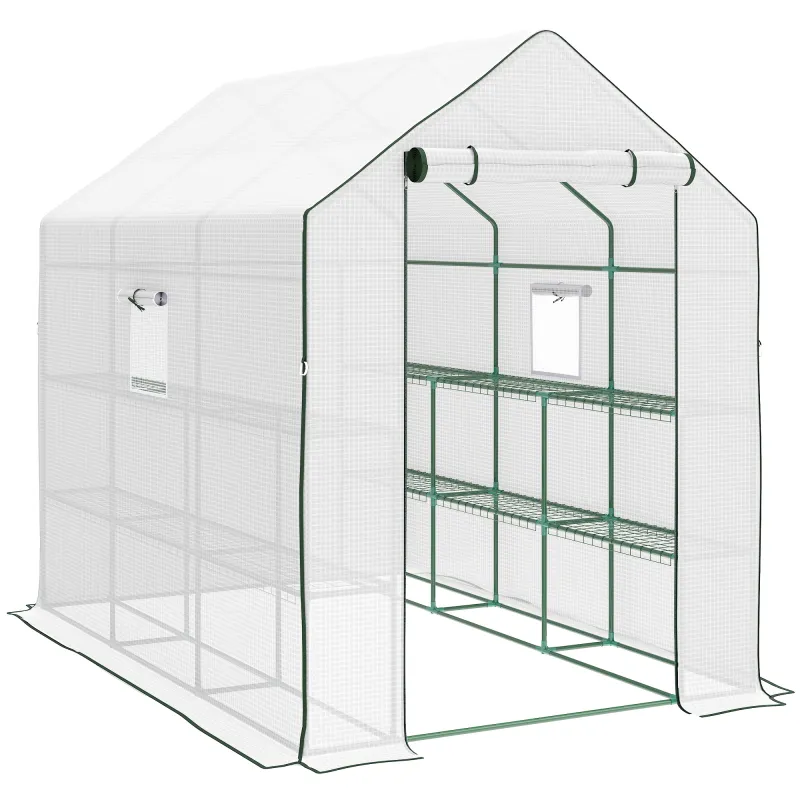 Invernadero de Exterior con 12 Estantes Puerta Enrollable Cubierta de PE y Marco de Acero 140x213x190 cm Blanco