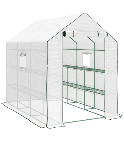 Invernadero de Exterior con 12 Estantes Puerta Enrollable Cubierta de PE y Marco de Acero 140x213x190 cm Blanco