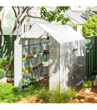 Invernadero de Exterior con 12 Estantes Puerta Enrollable Cubierta de PE y Marco de Acero 140x213x190 cm Blanco