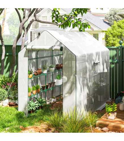 Invernadero de Exterior con 12 Estantes Puerta Enrollable Cubierta de PE y Marco de Acero 140x213x190 cm Blanco