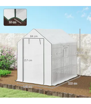 Invernadero de Exterior con 12 Estantes Puerta Enrollable Cubierta de PE y Marco de Acero 140x213x190 cm Blanco