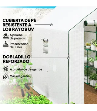 Invernadero de Exterior con 12 Estantes Puerta Enrollable Cubierta de PE y Marco de Acero 140x213x190 cm Blanco