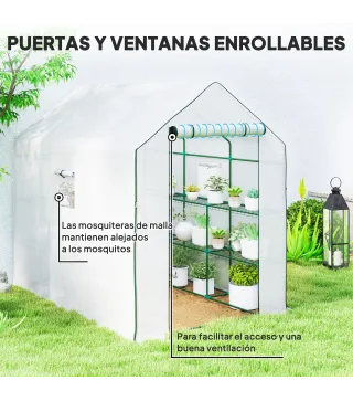Invernadero de Exterior con 12 Estantes Puerta Enrollable Cubierta de PE y Marco de Acero 140x213x190 cm Blanco