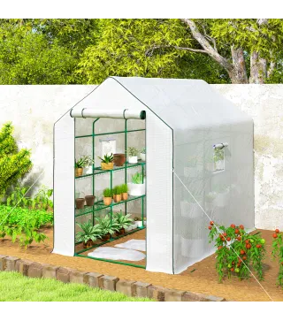 Invernadero de Exterior con 12 Estantes Puerta Enrollable Cubierta de PE y Marco de Acero 140x213x190 cm Blanco