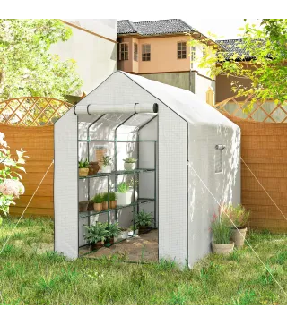 Invernadero de Exterior con 12 Estantes Puerta Enrollable Cubierta de PE y Marco de Acero 140x213x190 cm Blanco