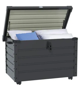 Baúl de Almacenaje Exterior de Acero Galvanizado con 4 Ruedas 2 Asas y Tapa con Cerradura 100x62x65 cm Gris Oscuro