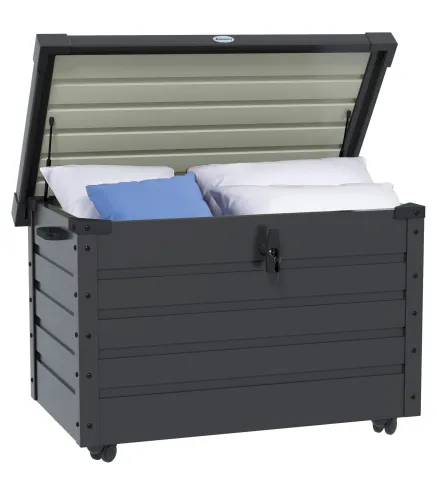 Baúl de Almacenaje Exterior de Acero Galvanizado con 4 Ruedas 2 Asas y Tapa con Cerradura 100x62x65 cm Gris Oscuro