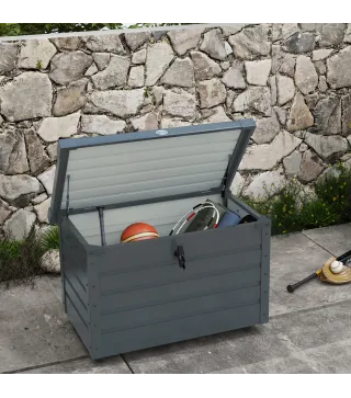 Baúl de Almacenaje Exterior de Acero Galvanizado con 4 Ruedas 2 Asas y Tapa con Cerradura 100x62x65 cm Gris Oscuro