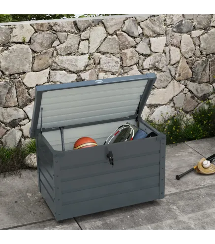 Baúl de Almacenaje Exterior de Acero Galvanizado con 4 Ruedas 2 Asas y Tapa con Cerradura 100x62x65 cm Gris Oscuro