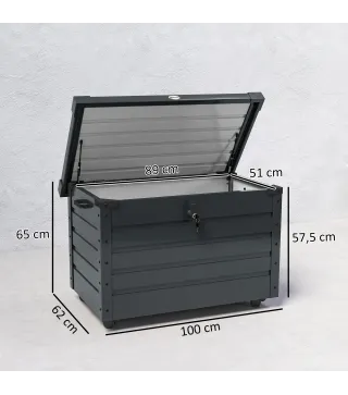 Baúl de Almacenaje Exterior de Acero Galvanizado con 4 Ruedas 2 Asas y Tapa con Cerradura 100x62x65 cm Gris Oscuro