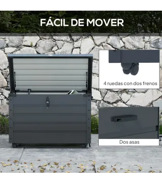 Baúl de Almacenaje Exterior de Acero Galvanizado con 4 Ruedas 2 Asas y Tapa con Cerradura 100x62x65 cm Gris Oscuro