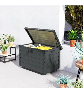 Baúl de Almacenaje Exterior de Acero Galvanizado con 4 Ruedas 2 Asas y Tapa con Cerradura 100x62x65 cm Gris Oscuro