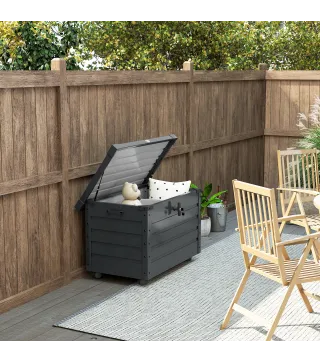 Baúl de Almacenaje Exterior de Acero Galvanizado con 4 Ruedas 2 Asas y Tapa con Cerradura 100x62x65 cm Gris Oscuro