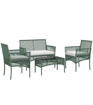 Conjunto de Jardín Exterior de Ratán Sintético con 2 Sillones 1 Sofá de 2 Plazas 1 Mesa de Centro y Cojines Verde