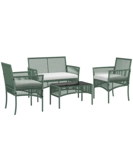 Conjunto de Jardín Exterior de Ratán Sintético con 2 Sillones 1 Sofá de 2 Plazas 1 Mesa de Centro y Cojines Verde