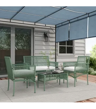 Conjunto de Jardín Exterior de Ratán Sintético con 2 Sillones 1 Sofá de 2 Plazas 1 Mesa de Centro y Cojines Verde