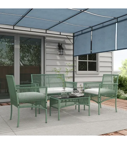 Conjunto de Jardín Exterior de Ratán Sintético con 2 Sillones 1 Sofá de 2 Plazas 1 Mesa de Centro y Cojines Verde
