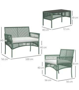 Conjunto de Jardín Exterior de Ratán Sintético con 2 Sillones 1 Sofá de 2 Plazas 1 Mesa de Centro y Cojines Verde