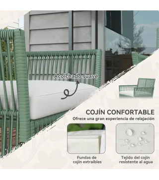 Conjunto de Jardín Exterior de Ratán Sintético con 2 Sillones 1 Sofá de 2 Plazas 1 Mesa de Centro y Cojines Verde