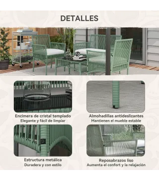 Conjunto de Jardín Exterior de Ratán Sintético con 2 Sillones 1 Sofá de 2 Plazas 1 Mesa de Centro y Cojines Verde