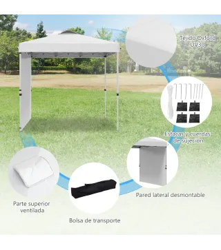 Carpa Plegable de Jardín de 2,5x2,5 m con Altura Ajustable Anti-UV con 1 Pared Lateral y Bolsas de Arena Blanco
