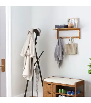 Perchero de Pared de Bambú Estante Toallero de pared 4 Ganchos para Entrada Salón Baño Pasillo Dormitorio 50x16x17,5 cm Carga 5k