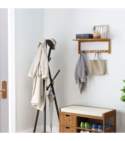 Perchero de Pared de Bambú Estante Toallero de pared 4 Ganchos para Entrada Salón Baño Pasillo Dormitorio 50x16x17,5 cm