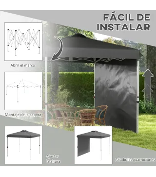 Carpa Plegable de Jardín de 2,5x2,5 m con Altura Ajustable Anti-UV con 1 Pared Lateral y Bolsas de Arena Gris Oscuro