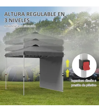 Carpa Plegable de Jardín de 2,5x2,5 m con Altura Ajustable Anti-UV con 1 Pared Lateral y Bolsas de Arena Gris Oscuro