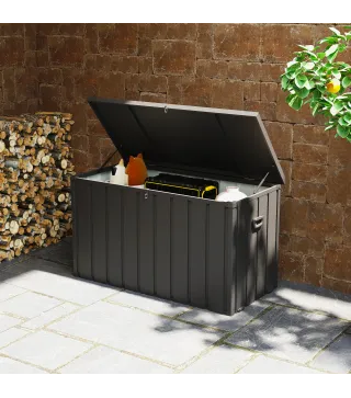 Baúl de Almacenaje Exterior de Acero con 4 Ruedas 2 Asas y Tapa Bloqueable 125,5x61,5x70 cm Gris Oscuro