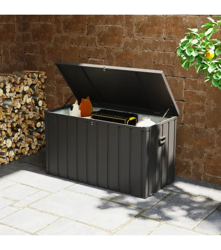 Baúl de Almacenaje Exterior de Acero con 4 Ruedas 2 Asas y Tapa Bloqueable 125,5x61,5x70 cm Gris Oscuro