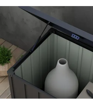 Baúl de Almacenaje Exterior de Acero con 4 Ruedas 2 Asas y Tapa Bloqueable 125,5x61,5x70 cm Gris Oscuro