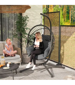 Silla Colgante Huevo con Soporte con Cesta Plegable Cojín y Reposacabezas para Interior y Exterior Carga 120 kg Gris