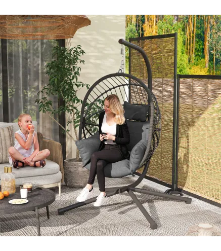 Silla Colgante Huevo con Soporte con Cesta Plegable Cojín y Reposacabezas para Interior y Exterior Carga 120 kg Gris