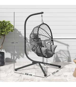 Silla Colgante Huevo con Soporte con Cesta Plegable Cojín y Reposacabezas para Interior y Exterior Carga 120 kg Gris