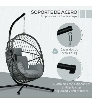 Silla Colgante Huevo con Soporte con Cesta Plegable Cojín y Reposacabezas para Interior y Exterior Carga 120 kg Gris