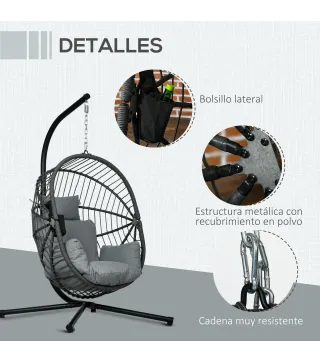 Silla Colgante Huevo con Soporte con Cesta Plegable Cojín y Reposacabezas para Interior y Exterior Carga 120 kg Gris