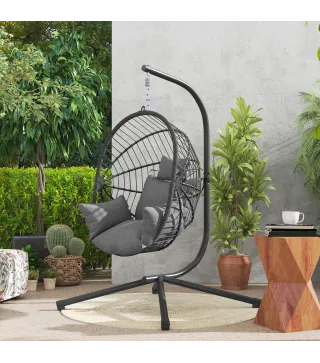 Silla Colgante Huevo con Soporte con Cesta Plegable Cojín y Reposacabezas para Interior y Exterior Carga 120 kg Gris