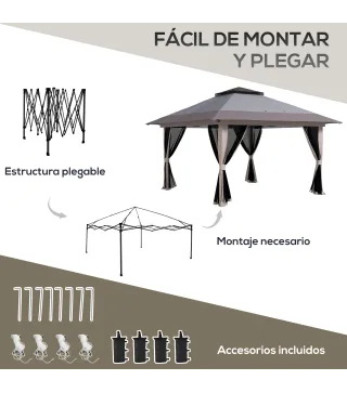 Carpa Plegable Pop-up con Altura Ajustable Protección UV50+ Doble Techo y Mosquiteras 4x4x2,8 m Gris Claro