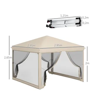 Cenador de Jardín 3x3 m con Mosquiteras Anti-UV Marco de Acero y Bolsa de Transporte para Patio Terraza Fiesta Beige