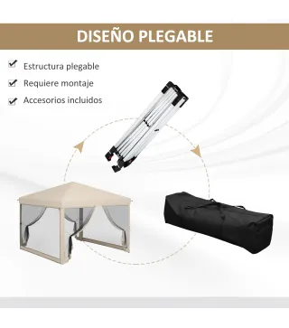 Cenador de Jardín 3x3 m con Mosquiteras Anti-UV Marco de Acero y Bolsa de Transporte para Patio Terraza Fiesta Beige